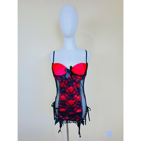 Y2K Dreamgirl Red and Black Bustier / Vintage Lace Bow Ribbon Floral  Large - Picture 2 of 7